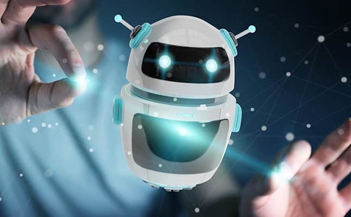 Businessman on blurred background using digital chatbot robot application 3D rendering